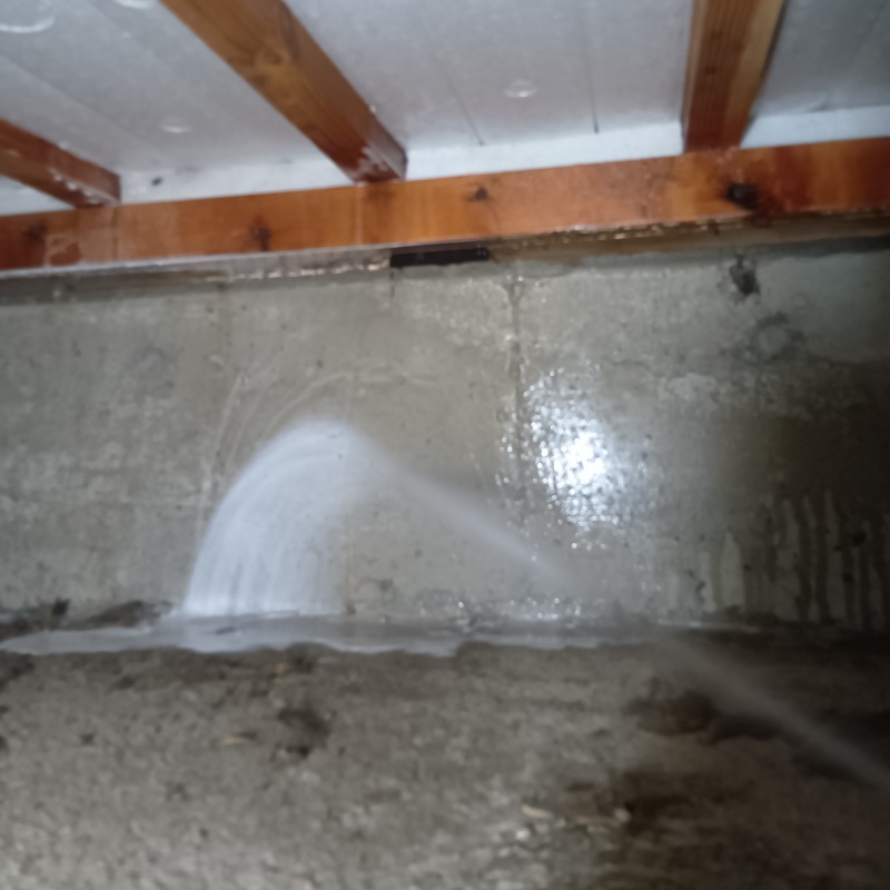 床下の基礎部分にシロアリ駆除剤を散布する様子