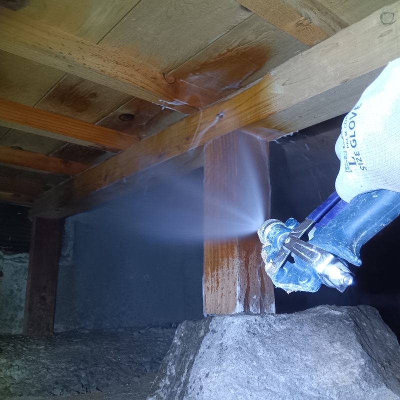床下の木材にシロアリ駆除剤を散布する様子