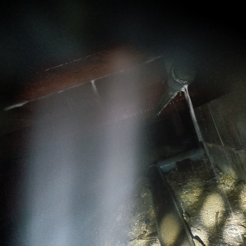 床下の木材にシロアリ駆除剤を散布する様子