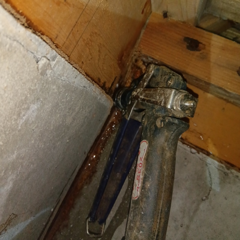 床下の木材にシロアリ駆除剤を注入する様子