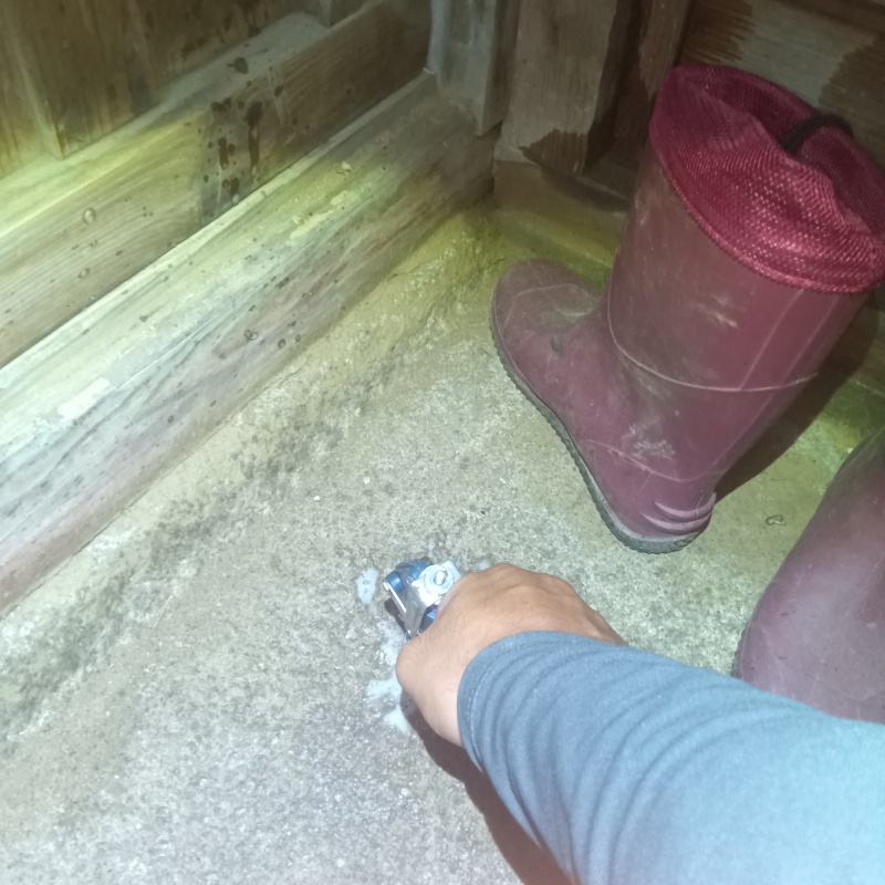 土間の床にシロアリ駆除剤を注入する様子