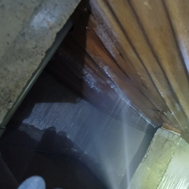 床下の木材にシロアリ駆除剤を散布する様子