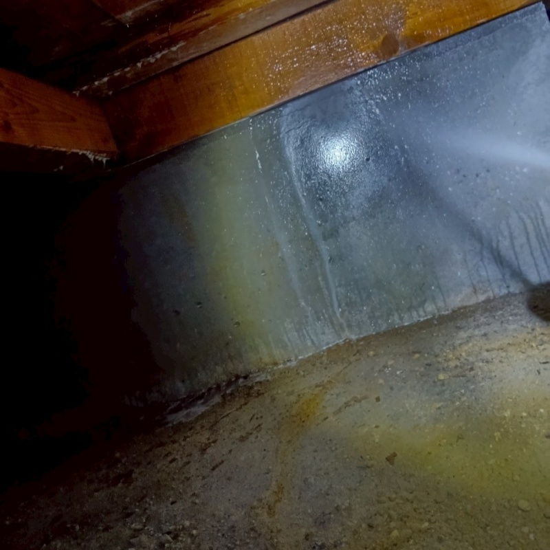 床下の基礎部分にシロアリ駆除剤を散布する様子