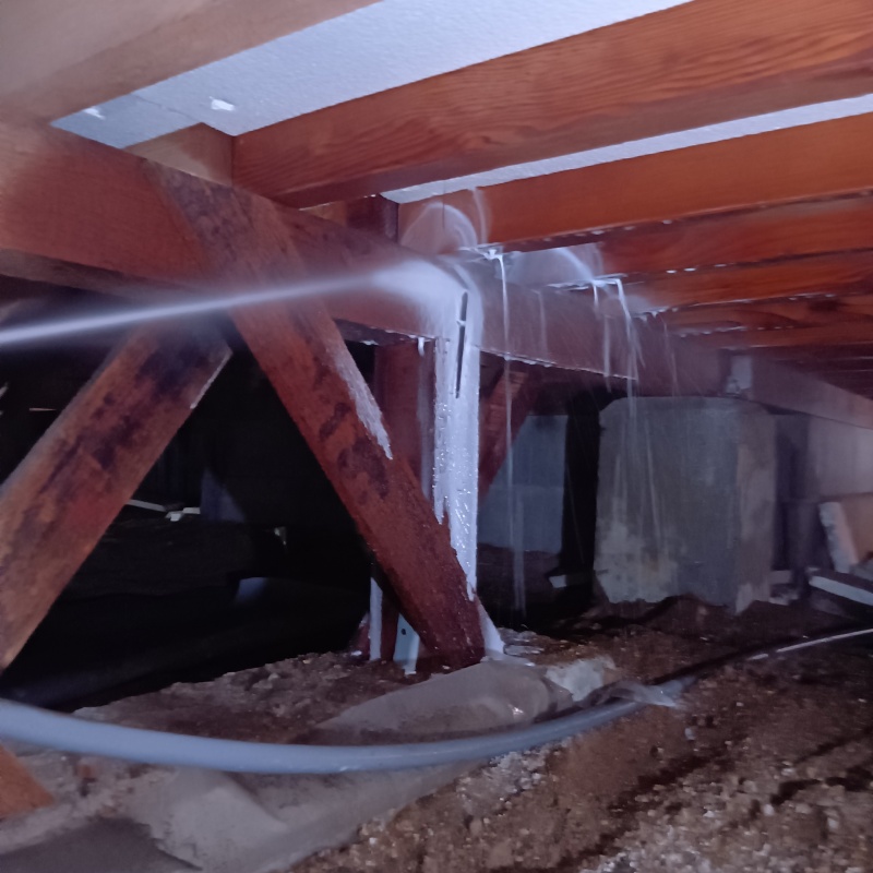 床下の木材に防蟻剤を散布する様子