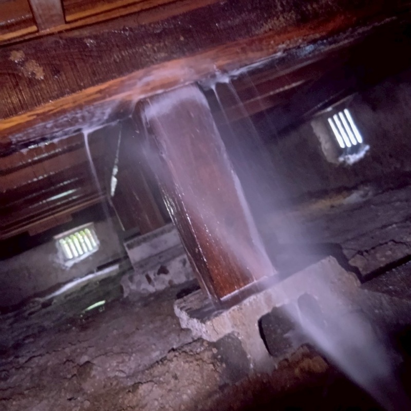 床下の木材にシロアリ駆除剤を散布する様子