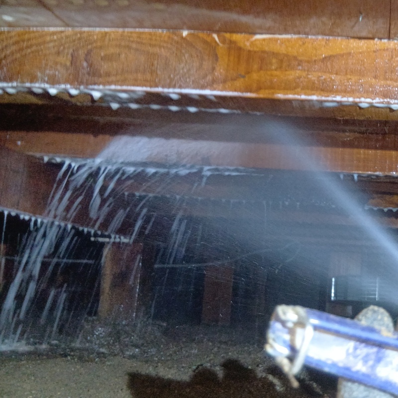 床下の木材にシロアリ駆除剤を散布する様子