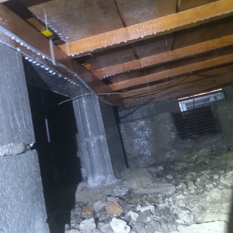 床下の基礎部分にシロアリ駆除剤を散布した様子