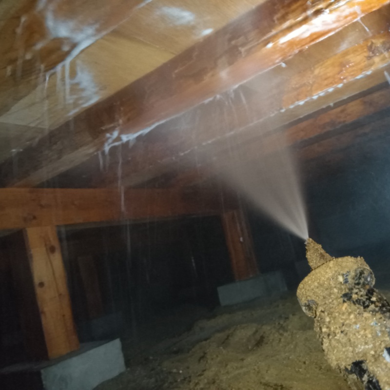 床下の木材にシロアリ駆除剤を散布する様子