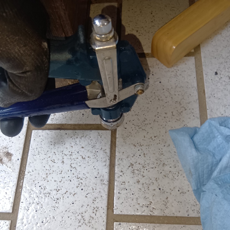 玄関の床にシロアリ駆除剤を注入する様子