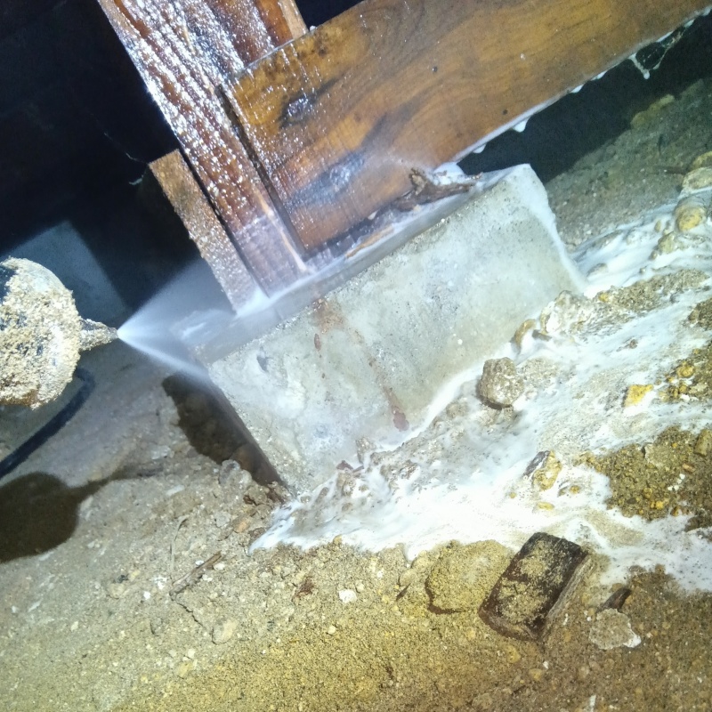 束石まわりにシロアリ駆除剤を散布