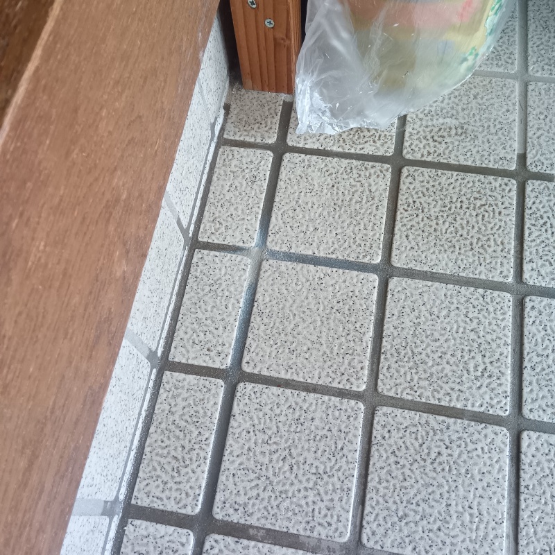 玄関床の目地からシロアリ駆除剤を注入