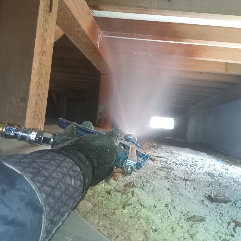 床下の木材にシロアリ駆除剤を散布する様子