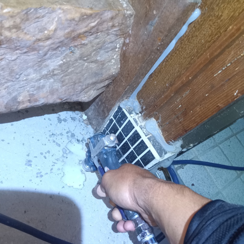 玄関の床にシロアリ駆除剤を注入する様子