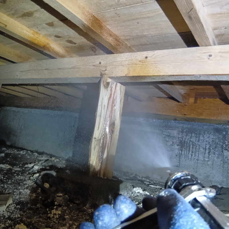 床下の木材にシロアリ駆除剤を散布