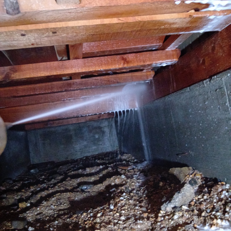 床下の木部にシロアリ駆除剤を散布