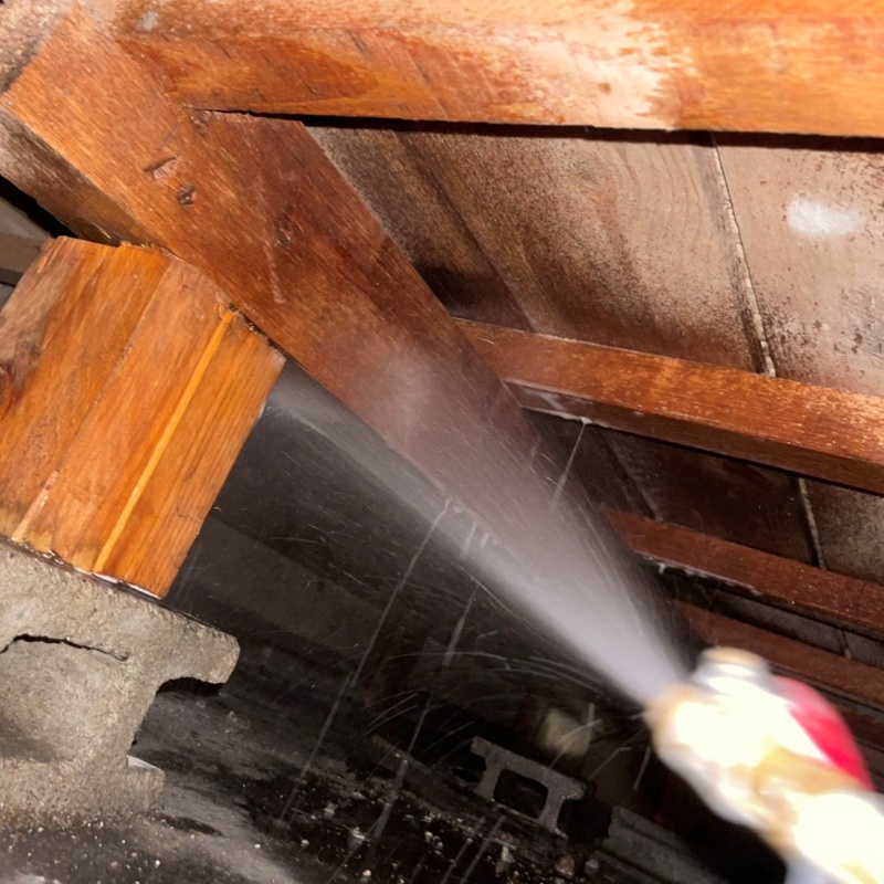 床下の木部にシロアリ駆除剤を散布