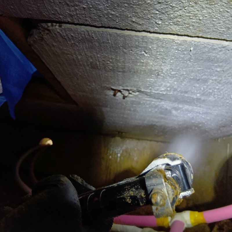 床下の壁にシロアリ駆除剤を散布