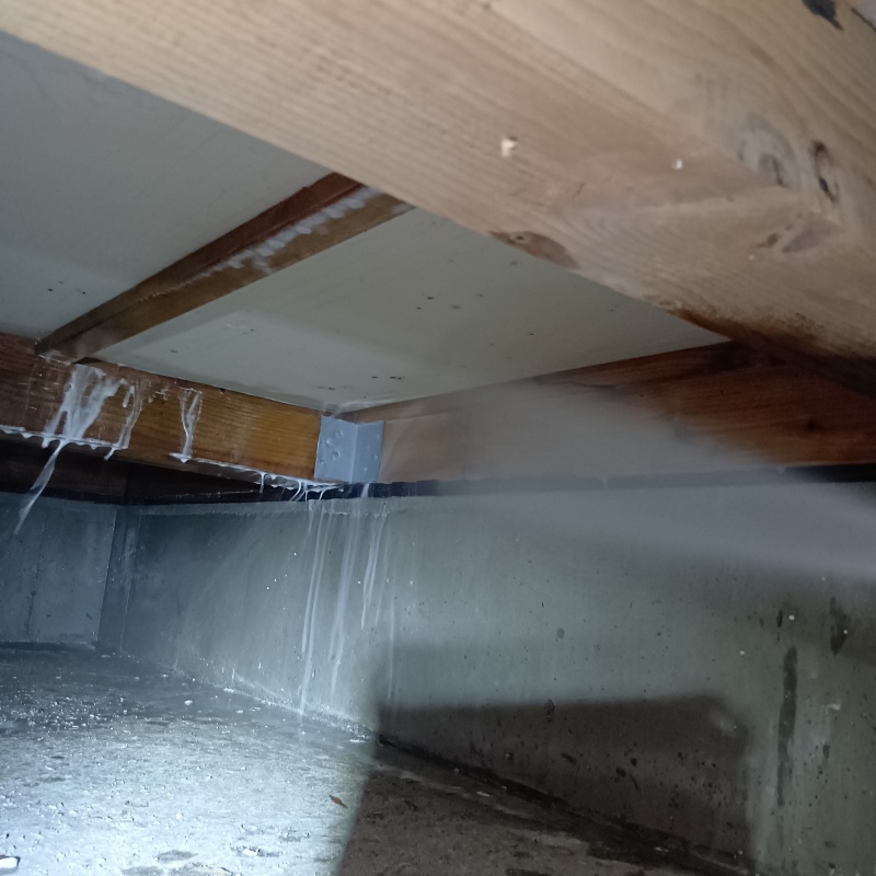 床下の木部にシロアリ駆除剤を散布