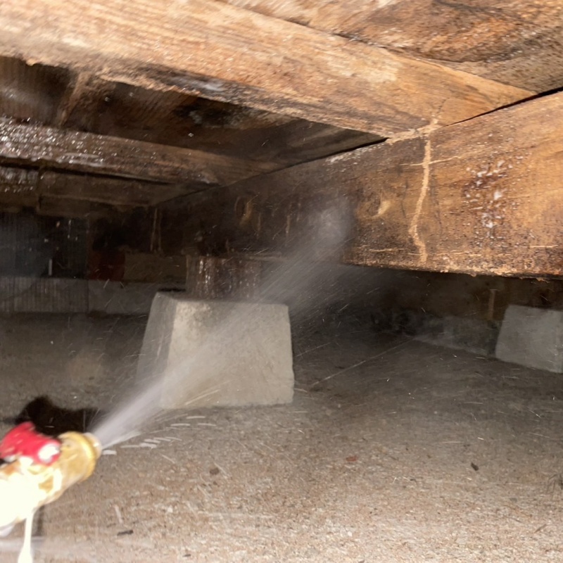 床下木材にシロアリ駆除剤を吹き付ける様子