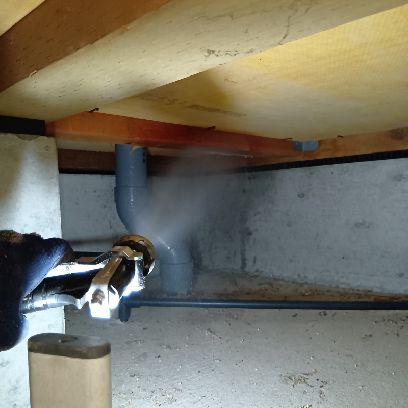 床下木材に防蟻剤を吹き付ける様子