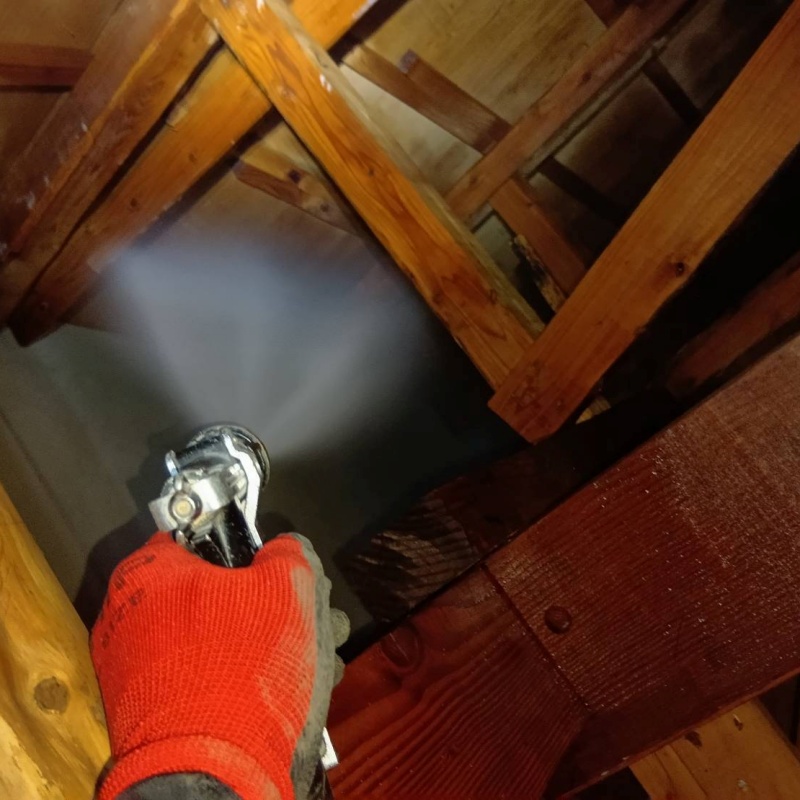 屋根裏の木材にシロアリ駆除剤を散布