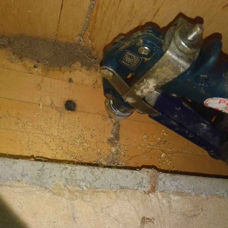 床下木材に穴を開けてシロアリ駆除剤を注入