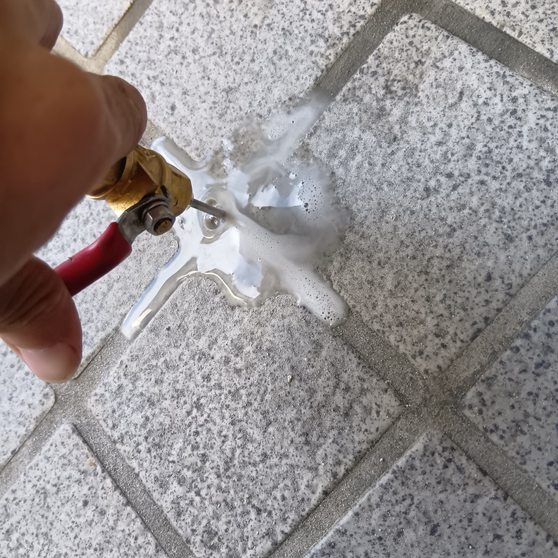 玄関床の目地からシロアリ駆除剤を注入