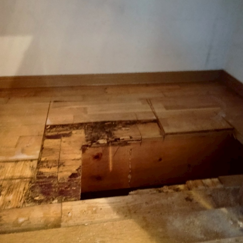 階段下に点検口を作成している様子