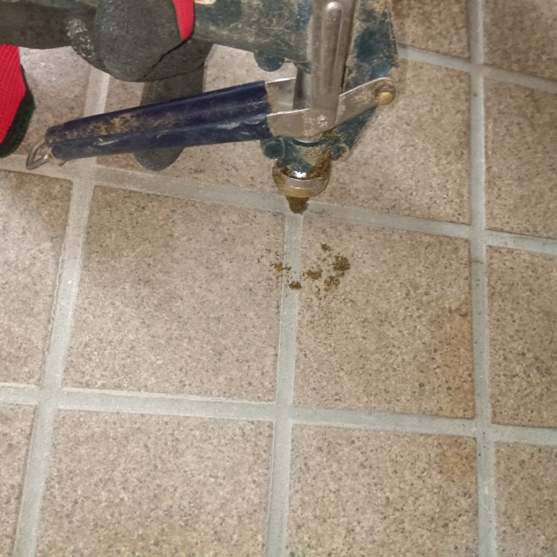 玄関床に穴を開けてシロアリ駆除剤を注入