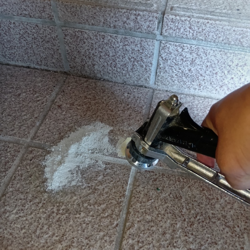 玄関床の目地からシロアリ駆除剤を注入