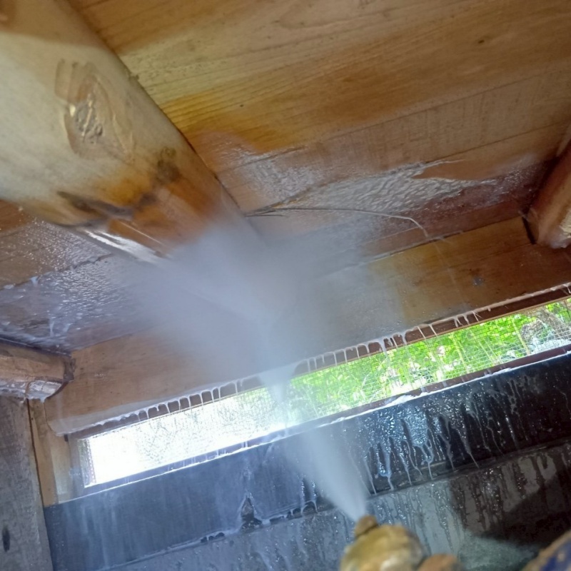 床下の木材にシロアリ駆除剤を散布する様子