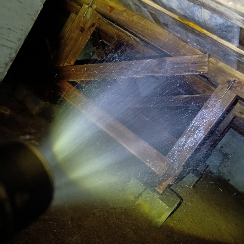 床下の木材にシロアリ駆除剤を散布する様子