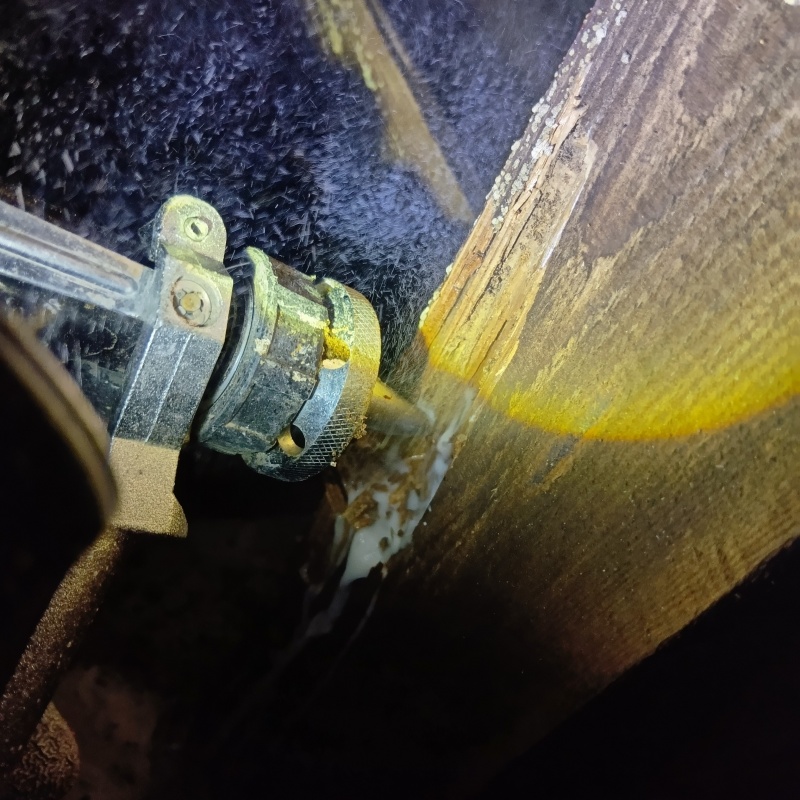 食害を受けた床下の木材にシロアリ駆除剤を注入する様子