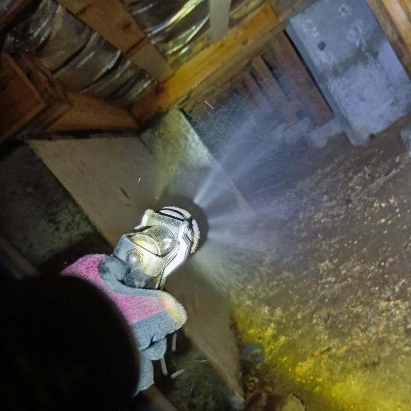 床下の土壌にシロアリ駆除剤を散布する様子