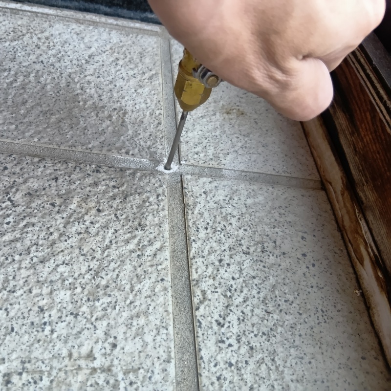 玄関の床にシロアリ駆除剤を注入する様子