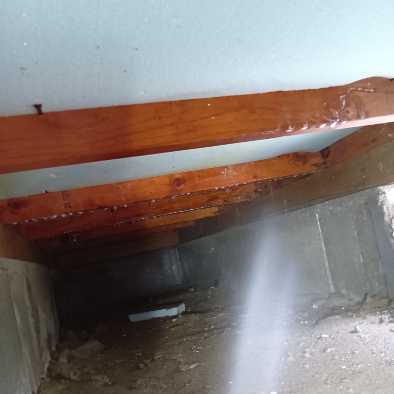 床下の木材にシロアリ駆除剤を散布する様子