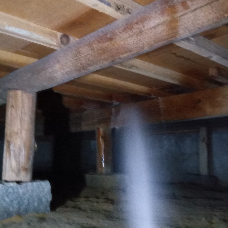 床下の木材にシロアリ駆除剤を散布する様子