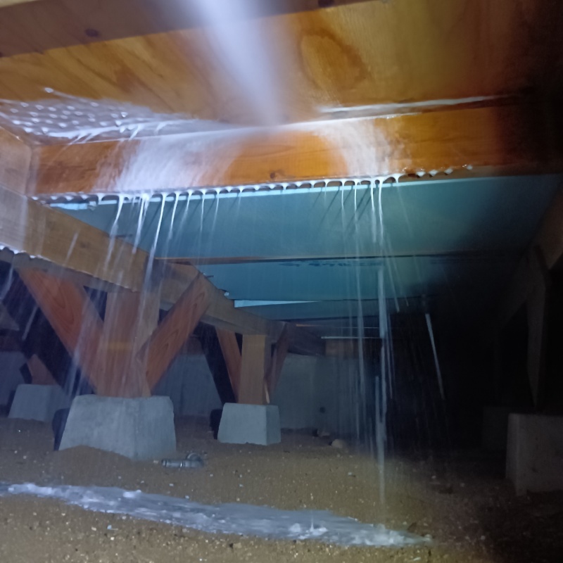 床下の木材にシロアリ駆除剤を散布する様子