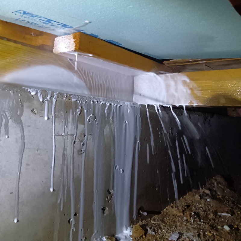 床下の木材にシロアリ駆除剤を散布する様子