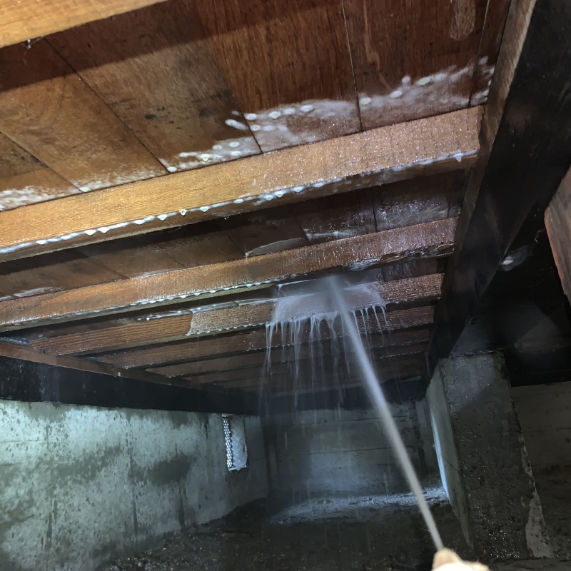 床下の木材にシロアリ駆除剤を散布する様子