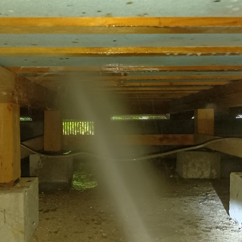 床下の木材にシロアリ駆除剤を散布する様子