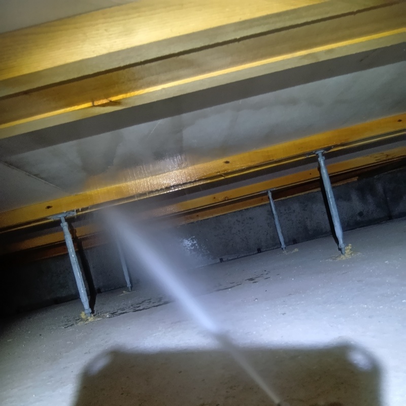 床下の木材にシロアリ駆除剤を散布する様子