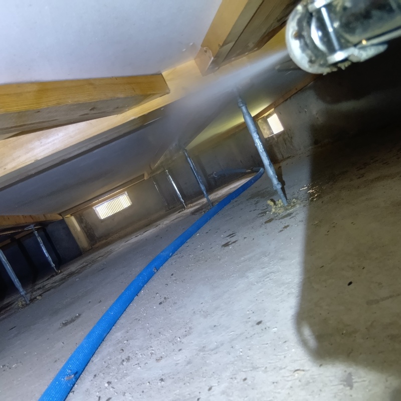 床下の木材にシロアリ駆除剤を注入する様子