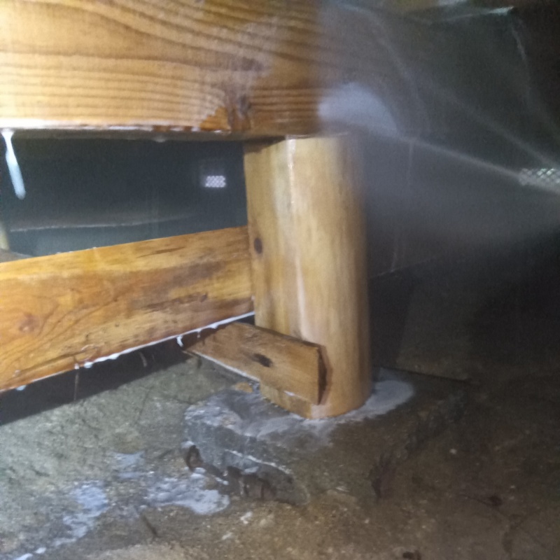 床下の木材にシロアリ駆除剤を散布する様子