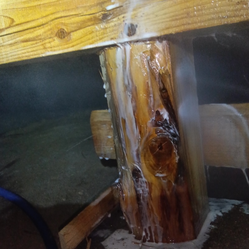 床下の木材にシロアリ駆除剤を散布する様子