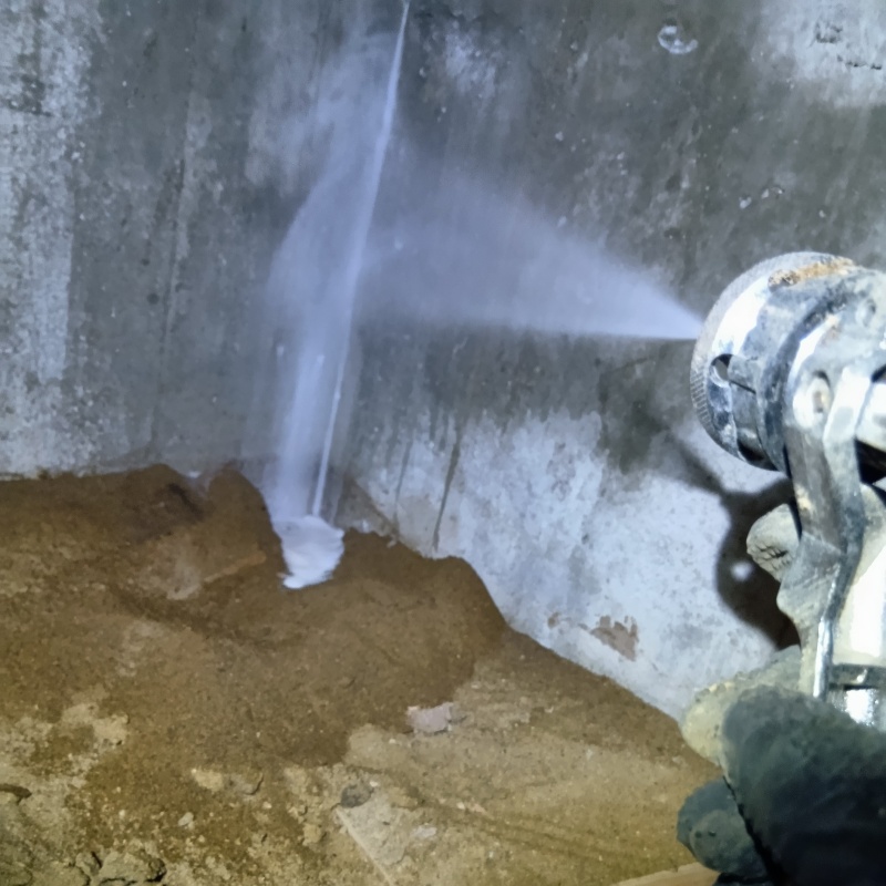 床下の基礎部分にシロアリ駆除剤を散布する様子