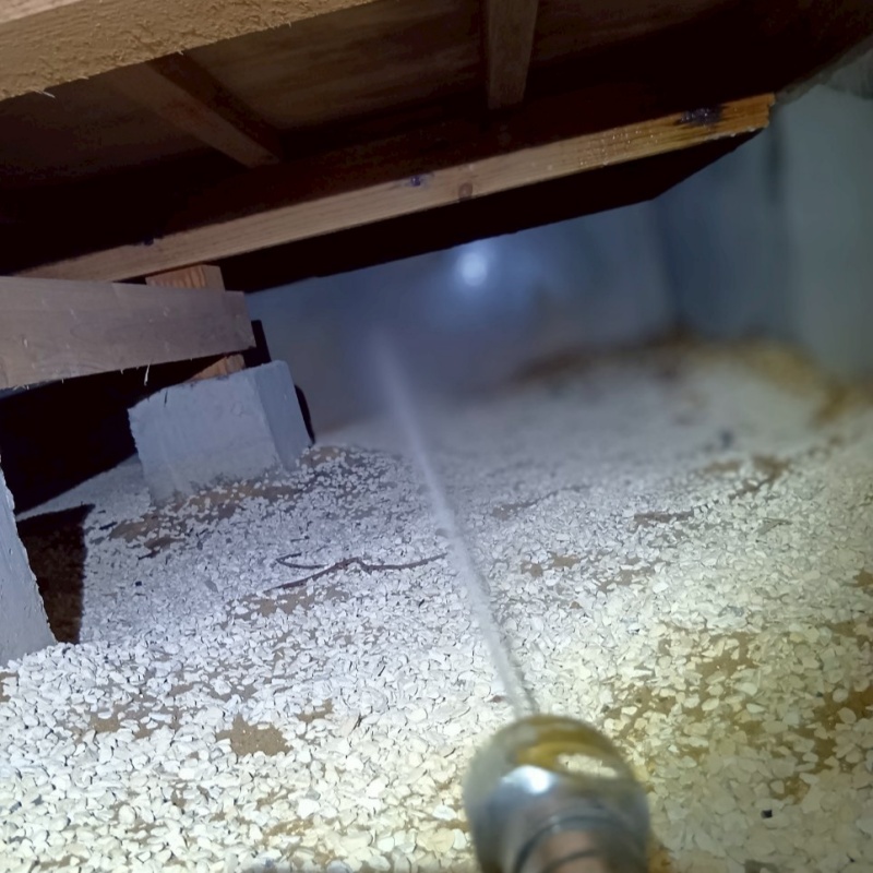 床下の基礎部分にシロアリ駆除剤を散布する様子