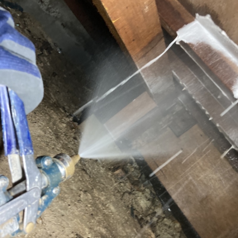 床下の木材にシロアリ駆除剤を散布した様子