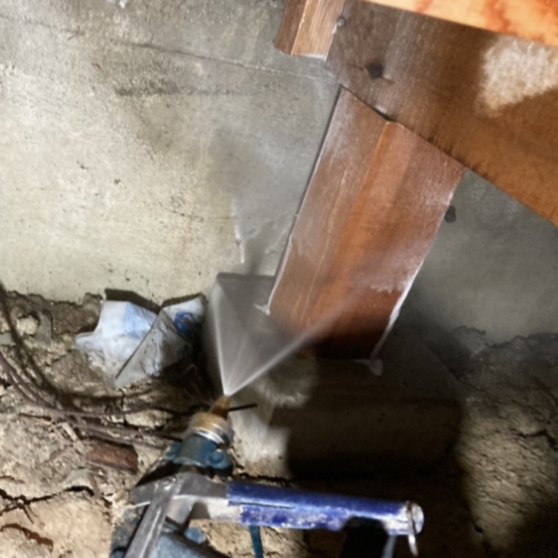 床下の木材にシロアリ駆除剤を散布した様子