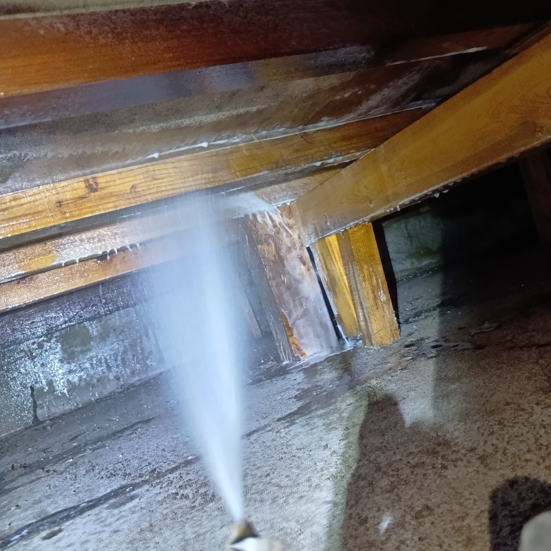 床下の木材にシロアリ駆除剤を散布する様子